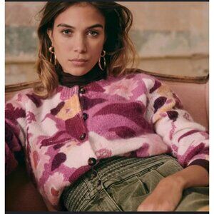 NWT Sézane Aelie Floral Cardigan Button Front Wool/Mohair Blend Pink/Purple